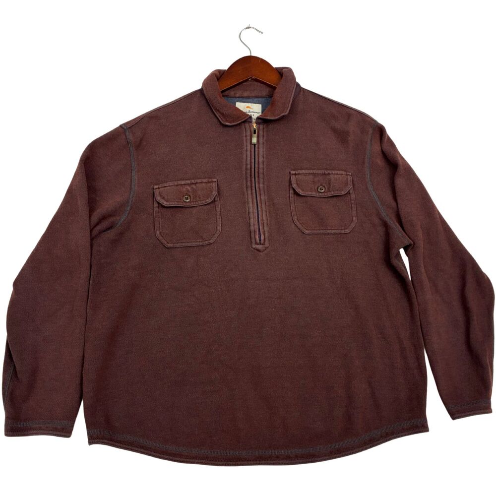 Tommy Bahama Jeans Mens Brown Quarter Zip Pullover Cotton Sweater Island Modern